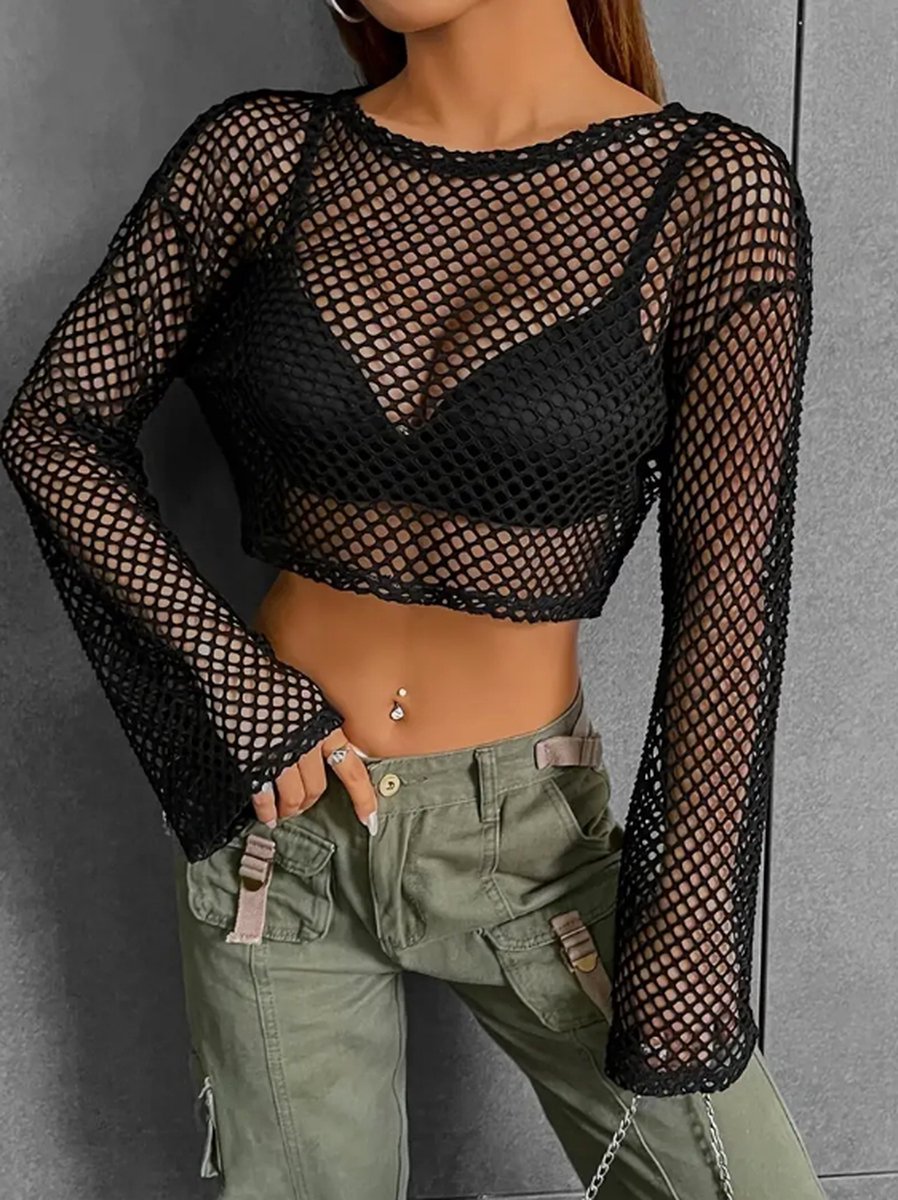 Visnet Croptop Shirt Zwart Fishnet L Large (40/42) | Visnet Top | Netshirt | Mesh shirt body | Festival outfit